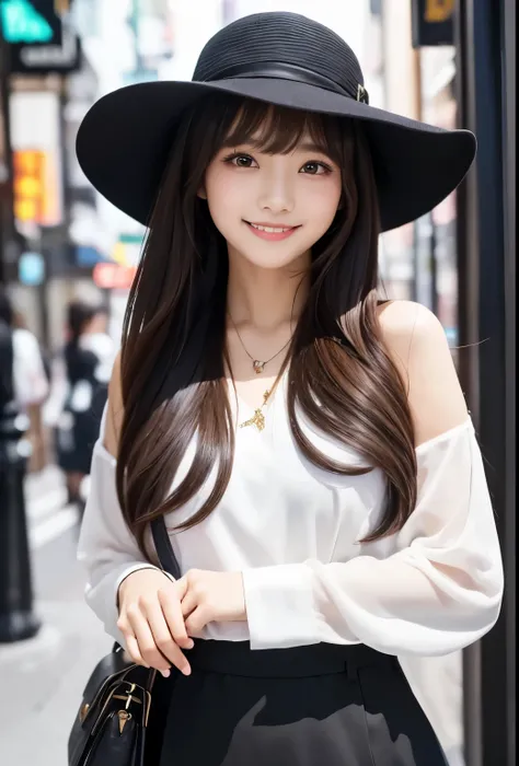 masterpiece、Highest quality、whole body、One Girl、bangs、Japanese、black髪のLong Hair、hat、black、ginkgo、smile、alone、Stylish woman、pastel colored outfits、front、Luxury background elements、Confident expression、Modern and trendy、Fashion focus