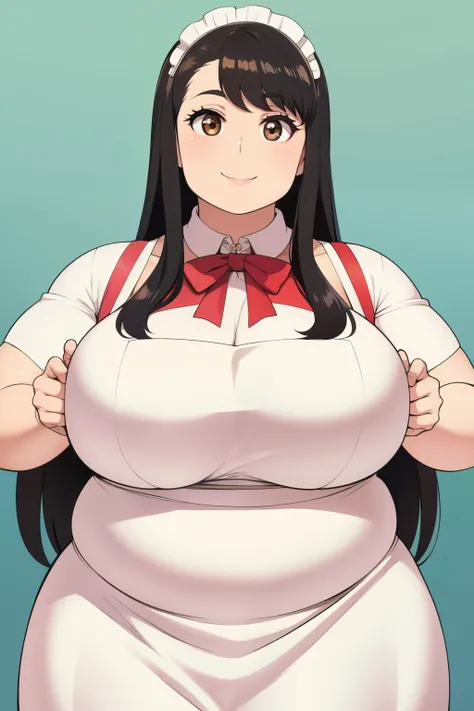 Chubby black hair brown eyes long hair and big breasts smiling in maid outfit