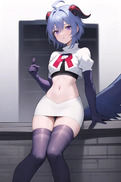 ganyudef, violet eyes,short hair, light blue hair, ahoge,horns on head, neck bell,team rocket,team rocket uniform,white skirt,red letter R,crop top,black thigh-highs,black elbow gloves