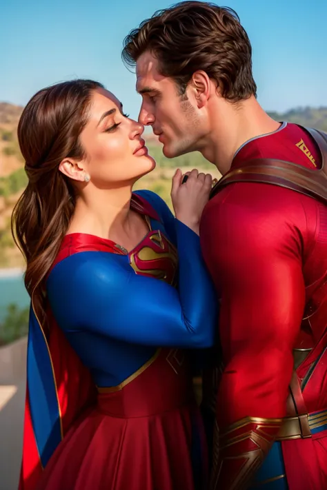 a hollywood movie poster with kareena kapoor and henry cavill. kareena is the poster boy for supergirl and superman.they're smil...