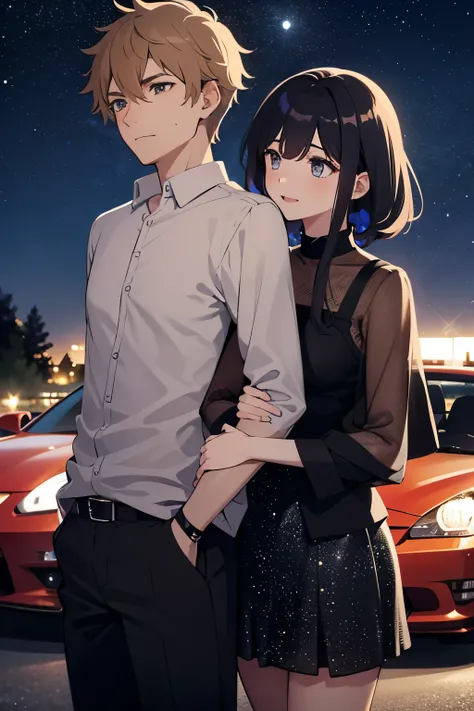 ，Male and female couples hugging from behind，Middle of the night, night sky，winding road,in front of car gtr 35 full moon，starry sky，The tree，city，silhouettes，