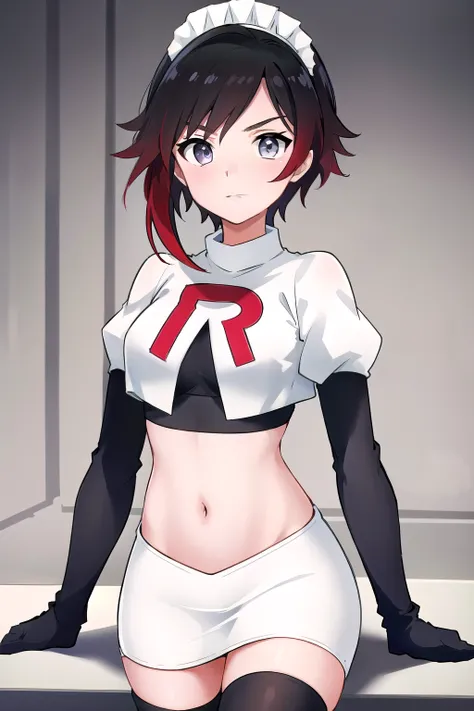 masterpiece, best quality, detailed, HD, ruby rose, 1girl, grey eyes, red hair, multicolored hair, maid headdress, team rocket,team rocket uniform,white skirt,red letter R,crop top,black thigh-highs,black elbow gloves