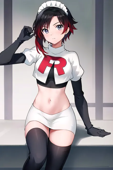 masterpiece, best quality, detailed, HD, ruby rose, 1girl, grey eyes, red hair, multicolored hair, maid headdress, team rocket,team rocket uniform,white skirt,red letter R,crop top,black thigh-highs,black elbow gloves