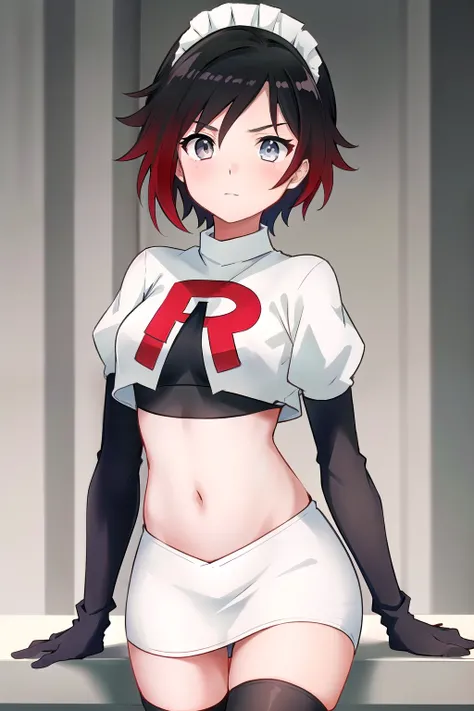 masterpiece, best quality, detailed, HD, ruby rose, 1girl, grey eyes, red hair, multicolored hair, maid headdress, team rocket,team rocket uniform,white skirt,red letter R,crop top,black thigh-highs,black elbow gloves