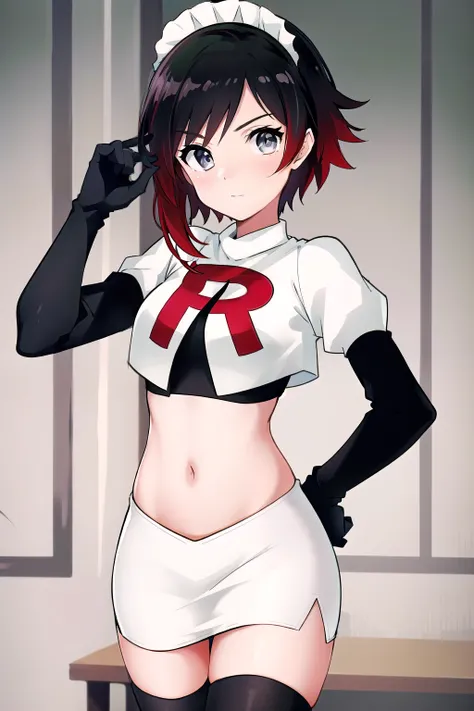 masterpiece, best quality, detailed, HD, ruby rose, 1girl, grey eyes, red hair, multicolored hair, maid headdress, team rocket,team rocket uniform,white skirt,red letter R,crop top,black thigh-highs,black elbow gloves