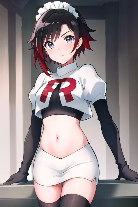 masterpiece, best quality, detailed, HD, ruby rose, 1girl, grey eyes, red hair, multicolored hair, maid headdress, team rocket,team rocket uniform,white skirt,red letter R,crop top,black thigh-highs,black elbow gloves
