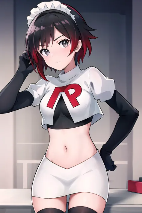 masterpiece, best quality, detailed, HD, ruby rose, 1girl, grey eyes, red hair, multicolored hair, maid headdress, team rocket,team rocket uniform,white skirt,red letter R,crop top,black thigh-highs,black elbow gloves