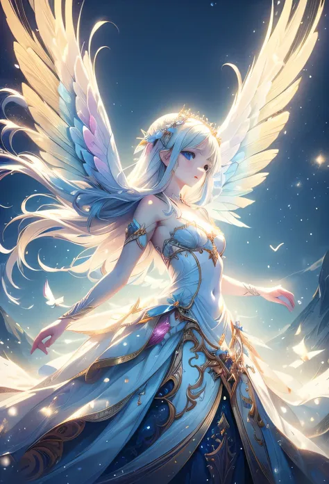 young fairy princess, pale skin, white as snow, beautiful spread wings, her wings are angelic, made of light, she has a radiant ...