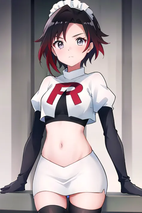 masterpiece, best quality, detailed, hd, ruby rose, 1girl, grey eyes, red hair, multicolored hair, maid headdress, team rocket,t...