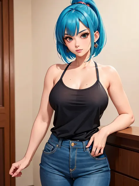 all realistic anime intricate details: "solo 1girl view, character: Bulma (Dragon Ball), features: perfect body with blue hair, big and expressive eyes. outfit: very short and comfortable casual clothes, very sensual and seductive professional"