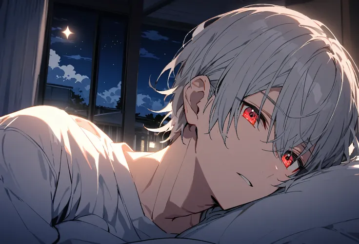 good looking, Alone, 1 male, Gray Hair, Red eyes, , night, White Light,cute目,Short hairstyle,cute,Falling from the sky,Beautiful summer sky,Lots of white clouds,nightの部屋,A sparkling view,bright,Inside the room,Looking at the camera,Bed scene