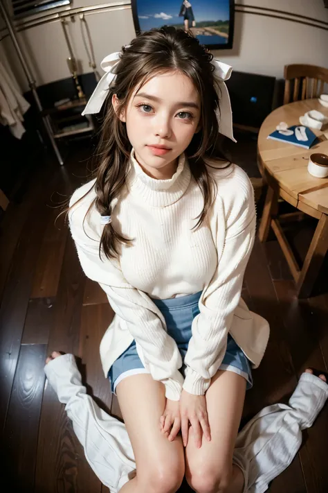 Best Quality, masterpiece ultra high resolution 8k,((Portrait of a person sitting with legs together:1.4)), (Realistic:1.6), ((blue eyes)),((A radiant smile)), RAW Photos,((Realisticな美肌)),((White long coat and high neck sweater,mini skirt:1.4)),((Soft look...