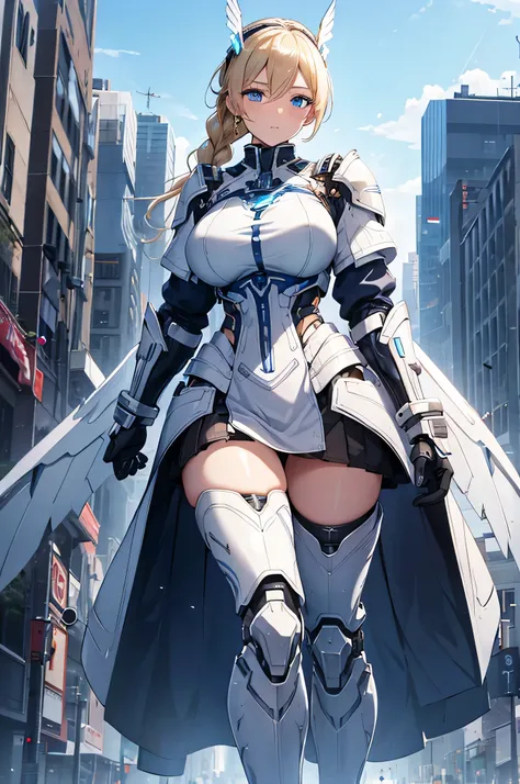 4K,High resolution,One Woman,Blonde,Long Ponytail,Braids,Blue Eyes,Huge boobs,Valkyrie,White Cyber Armor,Full Armor,Heavy Armor,Mecha Wing,White high heel boots,Winged headgear,Long Sword,Jewelry decoration,City of the Future