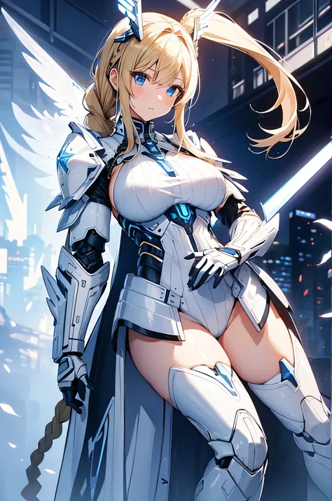 4K,High resolution,One Woman,Blonde,Long Ponytail,Braids,Blue Eyes,Huge boobs,Valkyrie,White Cyber Armor,Full Armor,Mecha Wing,White high heel boots,Winged headgear,Long Sword,Jewelry decoration,City of the Future