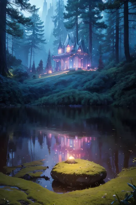 A dreamlike fantasy landscape, a surreal forest with glowing mushrooms, floating islands, and a whimsical castle in the distance, 1girl, detailed face, beautiful eyes, long hair, detailed dress, walking through the mystical scenery, (best quality,4k,8k,hig...