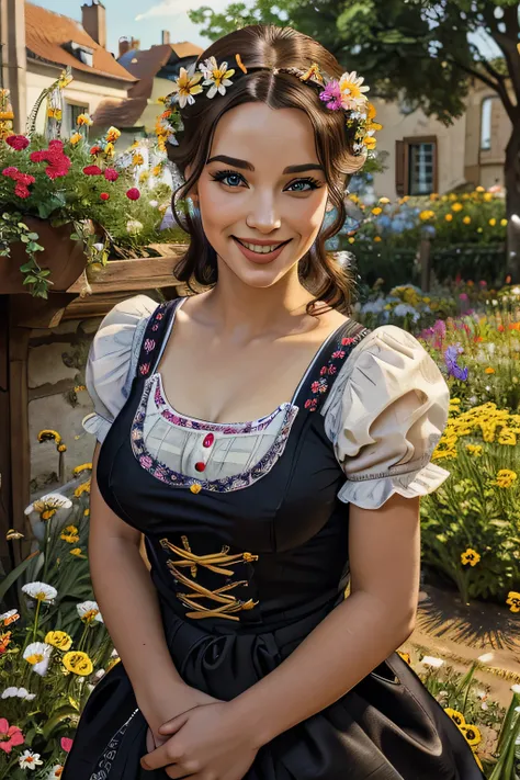 woman in dirndl dress, beautiful detailed eyes,beautiful detailed lips,extremely detailed face,longeyes,long eyelashes,european,smiling,outdoors,garden,colorful flowers,natural lighting,vibrant colors,cinematic lighting,photorealistic,high quality,intricat...