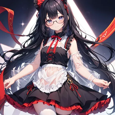 younger sister::5,Best Quality::4,Long Hair::5,Black Hair,Red eyes::3,smile,Dutch Angle,ribbon::3,Glitter effect::2,Red frills,Black skirt fabric,blush::2,Low length::2,bangs::3,See-through shorts::2,Ribs are visible::2,Lift up your skirt::2,赤いribbon::3,si...