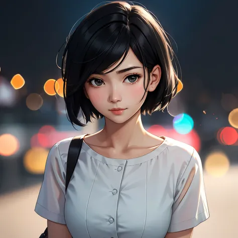 One Girl, 1, short hair, Black Hair,  Detailed face, Watch Viewer, Realistic, バストショット、Depth of written boundary, Bokeh, 8k, masterpiece, best quality, raw photo,