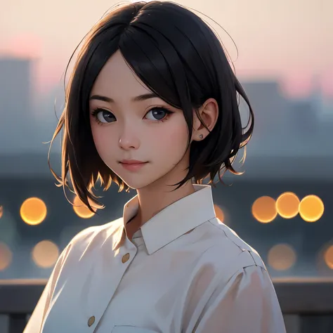 One Girl, 1, short hair, Black Hair,  Detailed face, Watch Viewer, Realistic, バストショット、Depth of written boundary, Bokeh, 8k, masterpiece, best quality, raw photo,