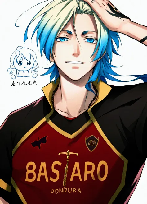 a close up of a person with blue hair and a shirt, 2D anime style, Tsukasa Dokite, Kentaro Miura manga art style, kentaro miura art style, Nagito Komaeda, Hajime Yatate, tall anime guy with blue eyes, hybarium!!, like an anime character, Otaku from Ganga