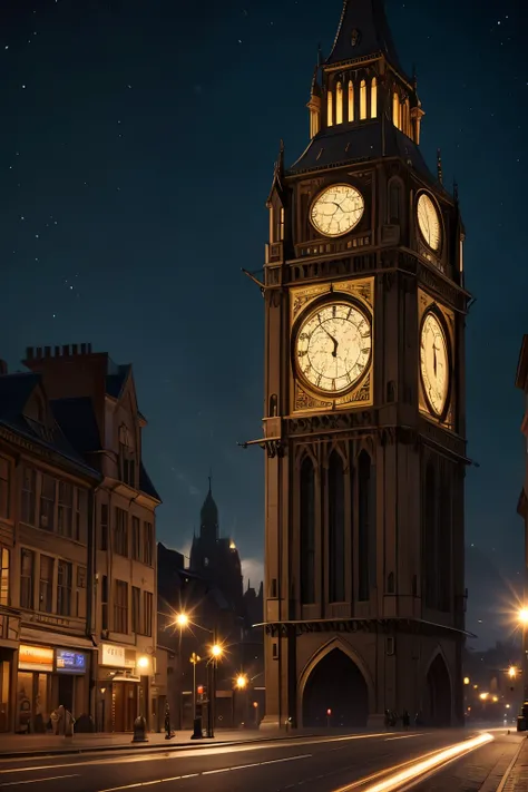 a city at night with a large clock tower in the background, cute face, classic scenario, arstation and beeple highly, city street, metropolis, Albert Edward Hughess draw style
