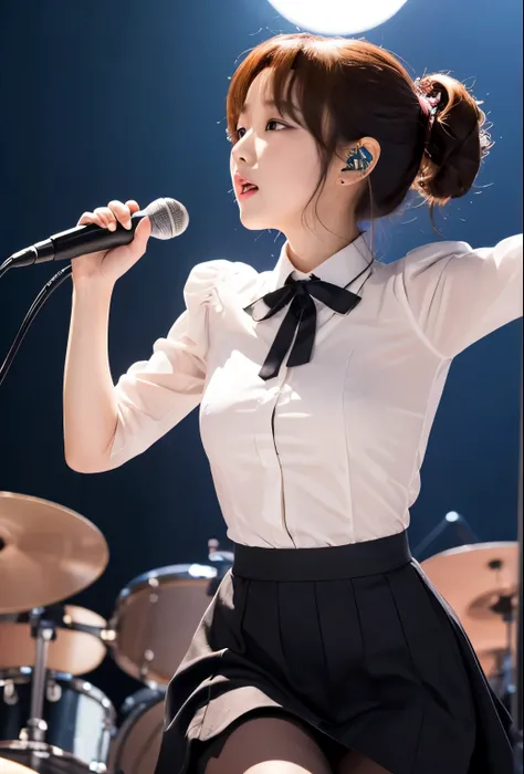 Above-the-knee skirt、Korean idol solo performance. 彼女は茶colorの髪をしていて、Wearing cute idol costumes. In the background、Live concert taking place with vibrant stage lights and cheering audience. The image must capture the essence of the live performance, Focusin...