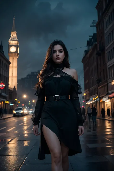 a city at night with a large clock tower in the background, 1girl, beautiful detailed eyes, beautiful detailed lips, extremely detailed eyes and face, long eyelashes, cute face, elegant dress, classic scenario, cityscape, street, buildings, neon lights, mo...