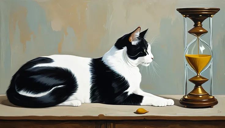 "Create an oil painting of a cat stretching gracefully beside a large, simple, and artistic hourglass. The cats fur is rich in texture, capturing its natural elegance as it arches its body in a deep stretch. The hourglass is oversized and minimalist, with ...