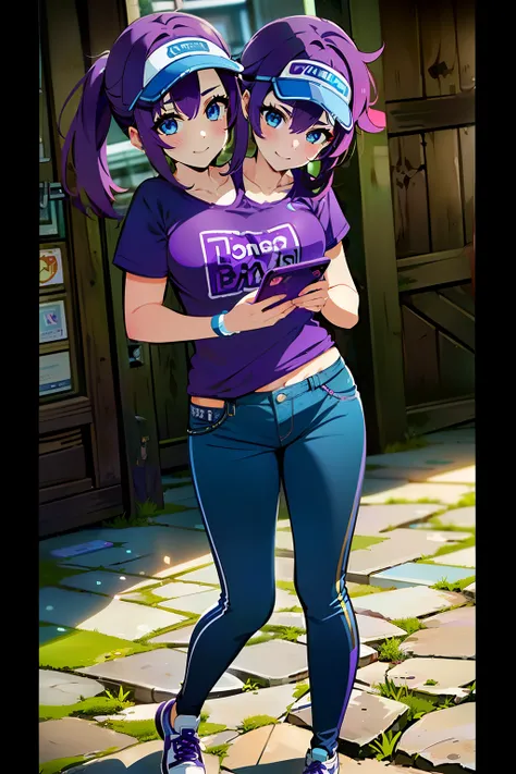 ((best quality), (high quality), (detailed), (masterpiece), good artist, (2heads:1.5), 1girl, (violet hair), ((blue eyes)), (visor sunglasses), (short ponytail), casual wear, gentle smile, ((purple t shirt)), dark violet pants, a two headed girl with beaut...