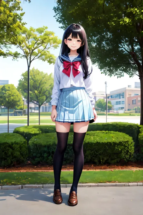 A high school girl standing in an empty park、uniform、mini skirt、Long black hair、Cute face、Smiling、Full-body front view