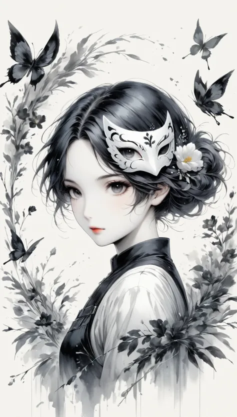 a detailed line art sketch of an anime style girl with a minimalist floral mask, black and white painting, charcoal drawing