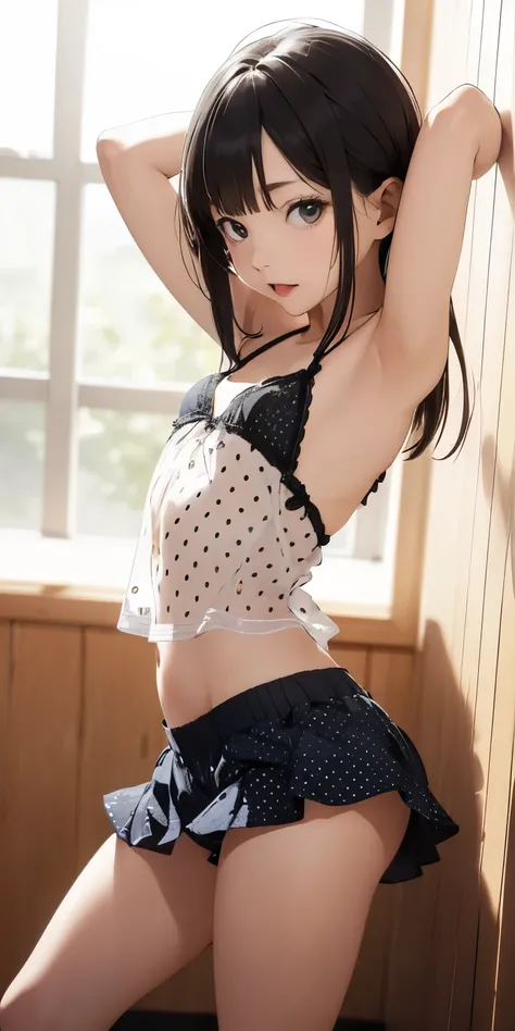  little girl(Raise your arms to show off your armpits)(Sweaty)(Seductive expression)( elementary school student)、Seductive expression(Girls Bedroom)(infant )ahegao、Butt Emphasis、She spreads her legs to reveal her white polka dot panties、、See through、Turn t...