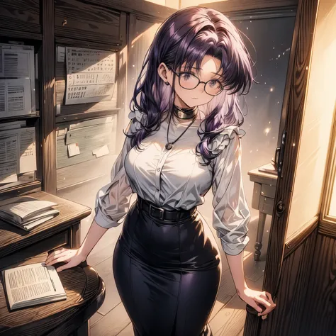 4k, HDR, full HD, Masterpiece, 1girl, (purple hair), perfect anatomy, full body, A charming and elegant looking teacher is standing in a spacious classroom illuminated by soft natural light coming in from the large windows. She wears a light-colored blouse...