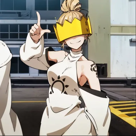 A young woman with a thin curvy figure with large breast and thighs and long pale-blonde hair that is usually tied into a bun, and some bangs falling to the side of her face. Most notably, she dons a golden crown-like visor around her face, obscuring all h...