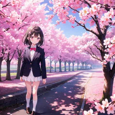 Standing in front of a row of cherry blossom trees with his arms folded behind his back、Anime girl wearing a blazer uniform, white crew socks and black loafers