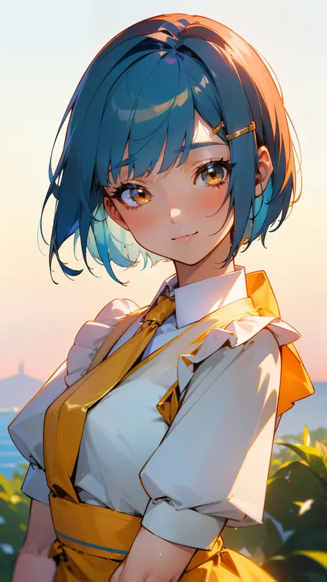 (masterpiece、Best Quality)、Exquisite detail、8k、Sharp focus、(Bokeh) (Best Quality) (Exquisite Skin:1.3) (Exquisite detail) (8k) (fine粒子) (anime)、Shiny light blue hair、Short Bob Hairstyles、Tie your hair with an orange hair clip、Beautiful brown eyes、smile、smi...