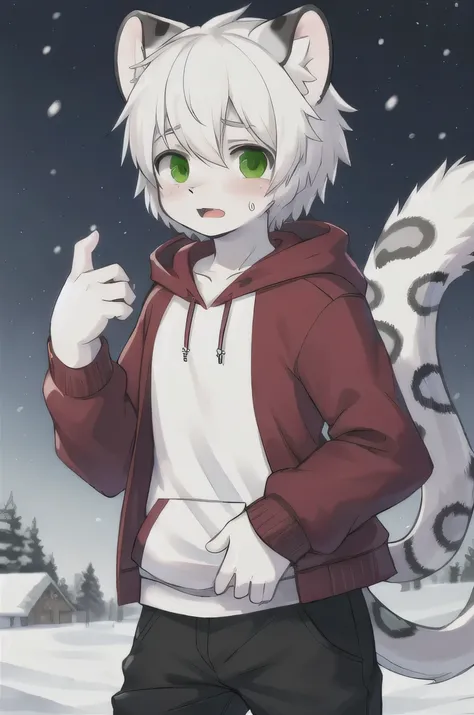 white hair, green eyes, a human boy, wearing a hoodie and pants, white snow leopard ears, white snow leopard tail, shocking face, white skin,