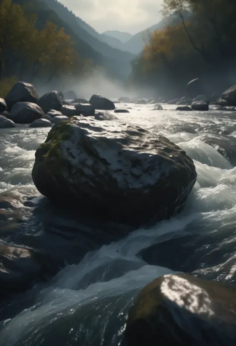 a small rock unfazed and resilient in a rushing river, dramatic moody lighting, cinematic composition, realistic water effects, rushing water, volumetric fog, mist, dramatic shadows, 8k, realistic, hyper detailed, intricate details, photorealistic, studio ...