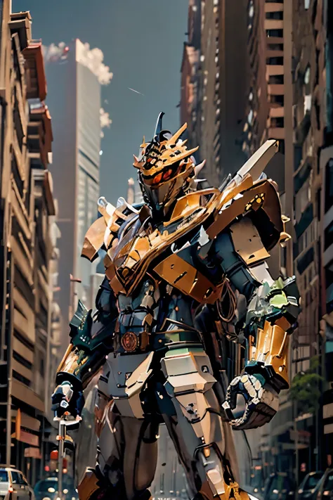 order dragon mecha, in the city with many buildings, posing on the street