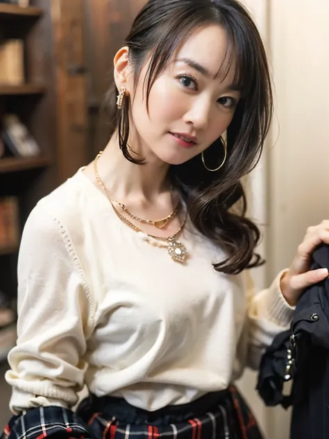 (masterpiece, best quality, beautiful and aesthetic:1.0), Elegant mature woman, bird’s eye view, missionary position, bright black hair, (small breast:1.0), ((White sweater, Long sleeve, Black skirt, plaid skirts, Fashionable, 1 diamond necklace)), open ne...