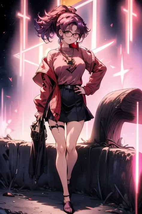 4k, HDR, full HD, Masterpiece, 1girl, (purple hair), perfect anatomy, full body, She wears a long pink sweater, no socks, no shoes, she wears glasses that make her look intellectual, triangle earrings, red lips, hair in a ponytail,