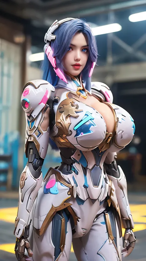 A beauty girl with (blue pink multiple color long hair:1.5), mecha_musume, 1 robot knight, 1GIRL, (CLOSE UP UPPER BODY:0.8), (COWBOY SHOT PORTRAIT:1.3), (GOLD DRAGON HEAD ACCESORIES:1.3),((REAVEAL HUGE FAKE BREASTS:1.5)), (11 line ABS:1.3), ((MECHA GUARD (...