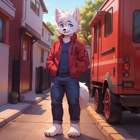 Samoyed, boy, Cuteness, blush, happy face, Blue eyes, red jacket, jeans, Barefoot, Standing,