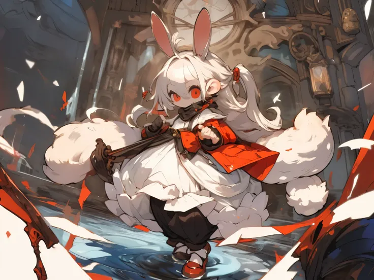 (solo:1.6),1girl((chibi:1.8),cute,kawaii,small kid,(white hair:1.3),(very long hair:1.6),bangs,(ear(fluffy,white,rabbit-ear):1.4),(small tail(rabbit-tail):1.2),red eye,big eye,beautiful shiny eye,skin color white,big hairbow,(white frilled dress:1.3),breas...