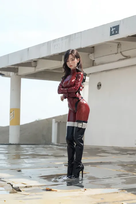 1girl, latex catsuit, folded arms, fidden hands, hidden fingers, harness bondage, straps {belt}, ballet heels