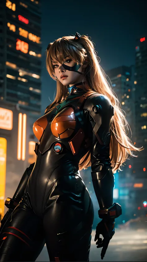 1girl, a beautiful girl cyborg cyberpunk with a cyberpunk city tall buildings, white hair, cybermask, white and orange and black machine suit color combination, the body full of machine, realistic futuristic hologram, asian skin tone, beautiful eye, beauti...