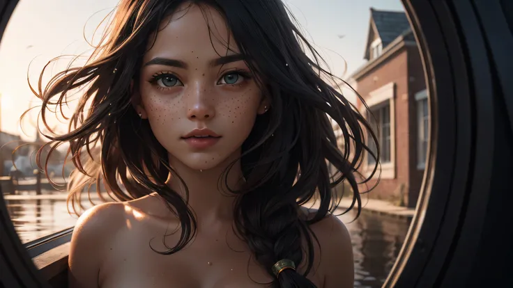 1 girl, ven:0.3) woman, candid portrait, establishing shot, detailed background, atmospheric, hair flowing in the wind, naked, white hair, tan skin, oily skin, wet hair, freckles, green eyes, floating particles, backlightinasterpiece))), (((masterwork))), ...