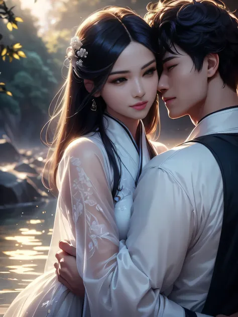 (Best Quality, Super Detail, Masterpiece, Representative Work, Official Art, Professional, Super Fine Detail, 8k:1.3), (photorealism:1.2), (Couple, Beautiful Girl and Boy), A couple in the sea of flowers, Handsome guy hugs beautiful girl from behind, Smili...
