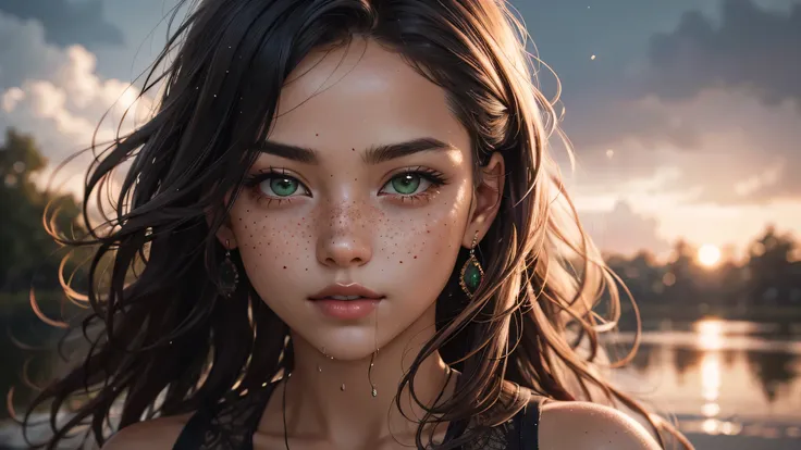 1 girl, ven:0.3) woman, candid portrait, establishing shot, detailed background, atmospheric, hair flowing in the wind, naked, white hair, tan skin, oily skin, wet hair, freckles, green eyes, floating particles, backlightinasterpiece))), (((masterwork))), ...