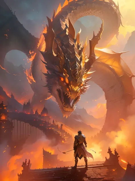 A man standing on the roof，There is a dragon beside me, author：The J, Chinese dragon concept art, Epic fantasy digital art style, Epic fantasy illustrations, Chinese Fantasy, 4k fantasy art, 2. 5D CGI anime fantasy artwork, Epic fantasy artwork, Anime epic...